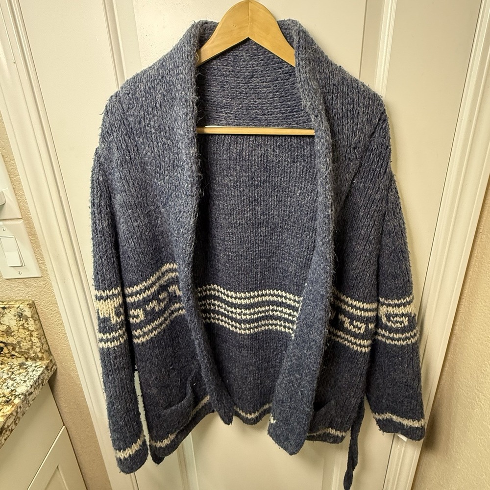 Handmade Chunky Knit Cardigan Sweater Blue Nordic Fair Isle Shawl Belted L XL